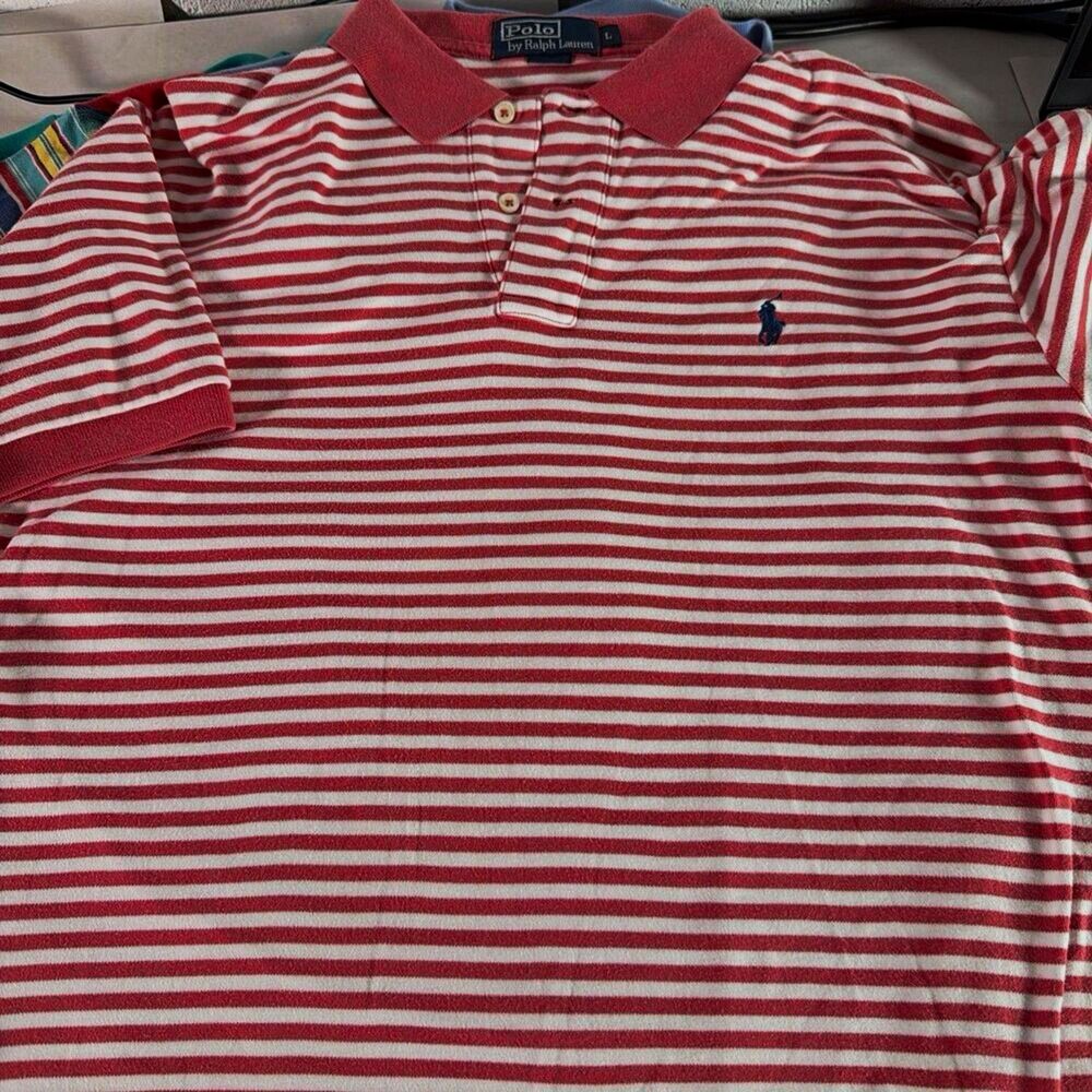 Polo Ralph Lauren Men's L Red/White Striped Cotton Knit Polo SS Logo Button